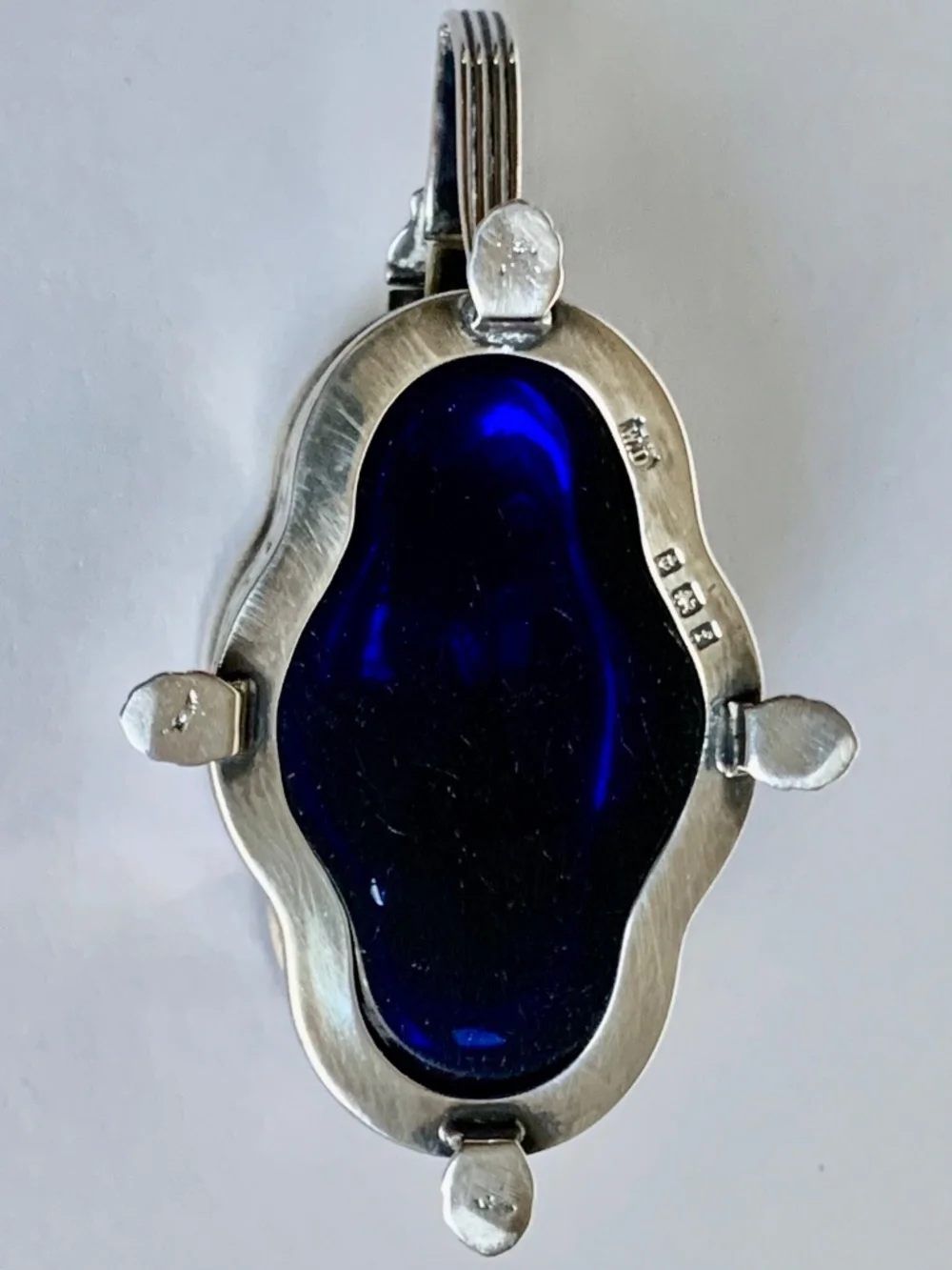 English Sterling Silver Mustard Pot Cobalt Glass Insert Spoon London Hallmarks